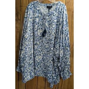 Lane Bryant Top Shirt Blouse Plus Size 38/40 7X Blue Floral Long Ruffle Sleeves